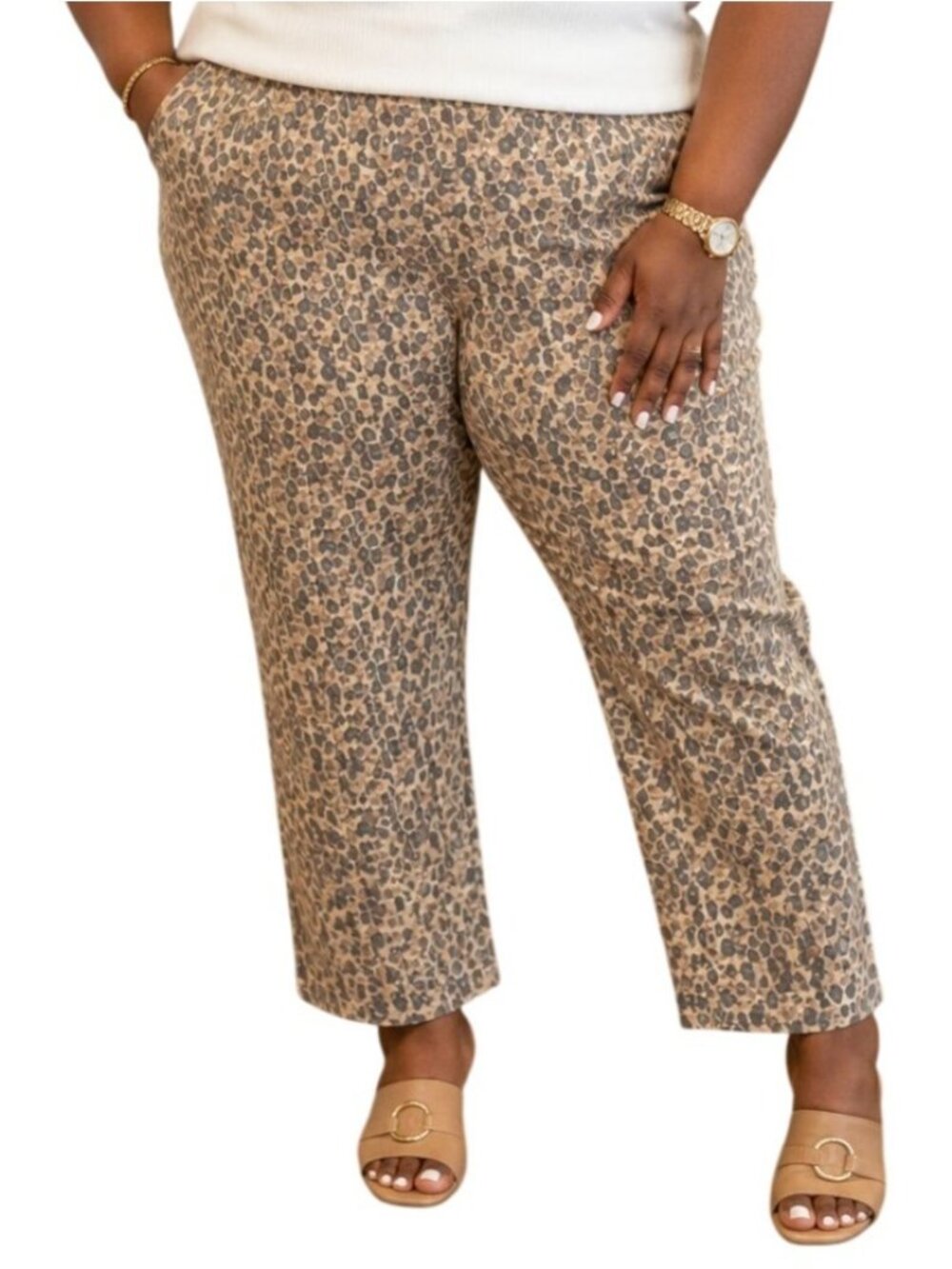 Ruby Rd. Plus Size 16 Capri Pants Leopard Print Tan & Blue Button Elastic Waist